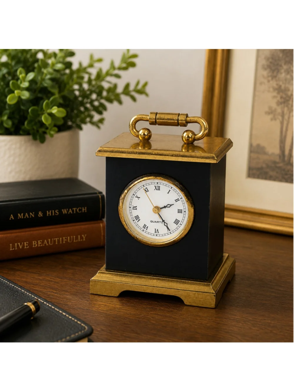 Vintage MCM Hong Kong Brass & Black Quartz Desk Clock Marble Accent